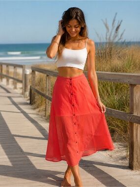 O'Neill Women’s Lightweight Button Down Sheer Midi Skirt Melon Coral Flowy Jrs 0